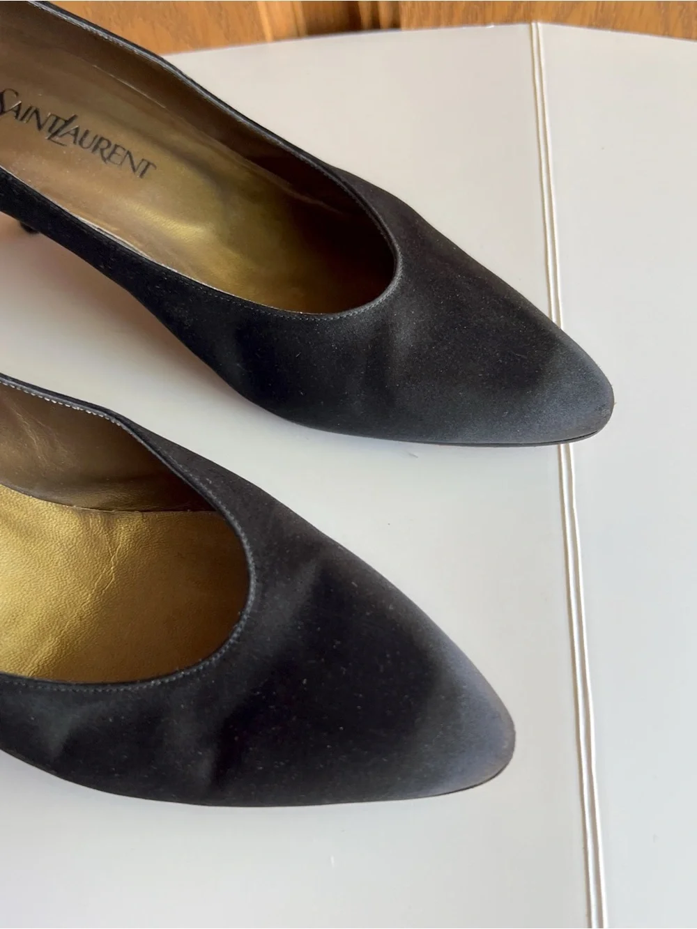 Vintage Yves Saint Laurent Casia Satin Kitten Heel Pumps Black Leather EU 9.5N